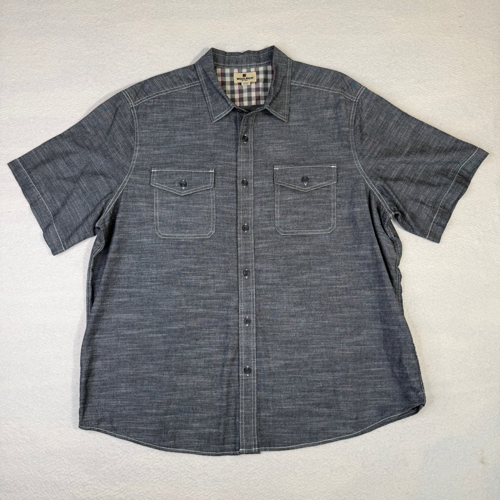 Woolrich Mens XXL Grey Denim Short Sleeve Button Down Shirt HATT0325